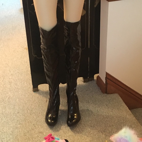 Bewitching Sexy Black Thigh High Patent Vinyl High Heel Boots Spirit Halloween - Picture 16 of 16